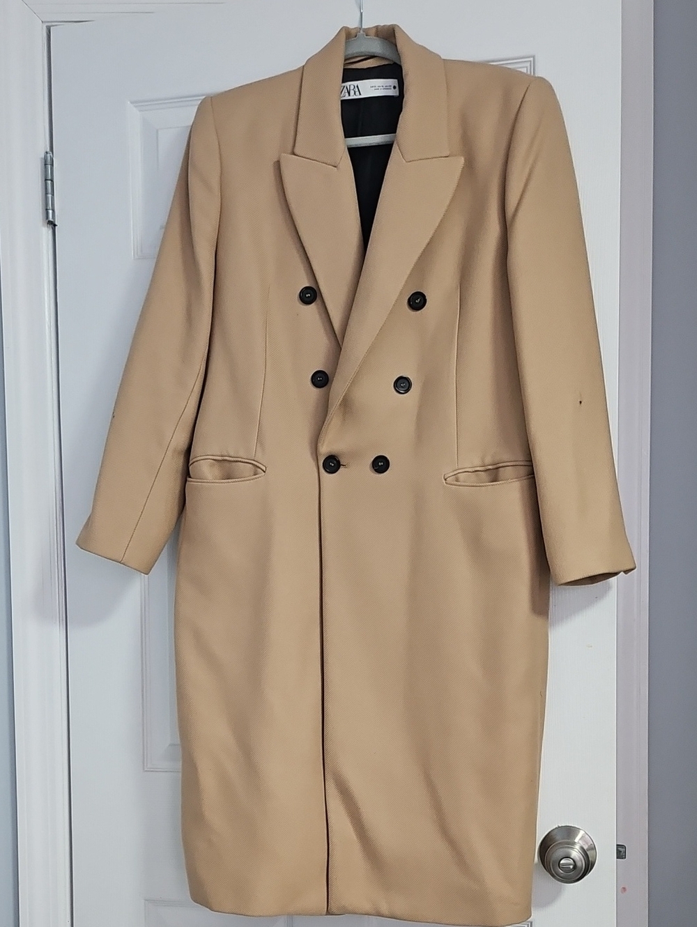 Zara Double-Breasted Tan Pea Coat with Black Buttons